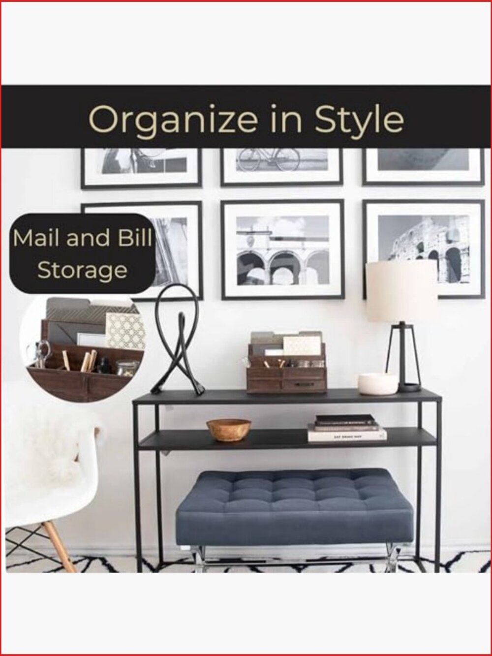 Wooden Mail Organizer with Drawer and Pen Holder Desktop Storage - Picture 3 of 6